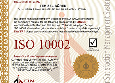 Temizel Börek ISO 10002 Belgesi
