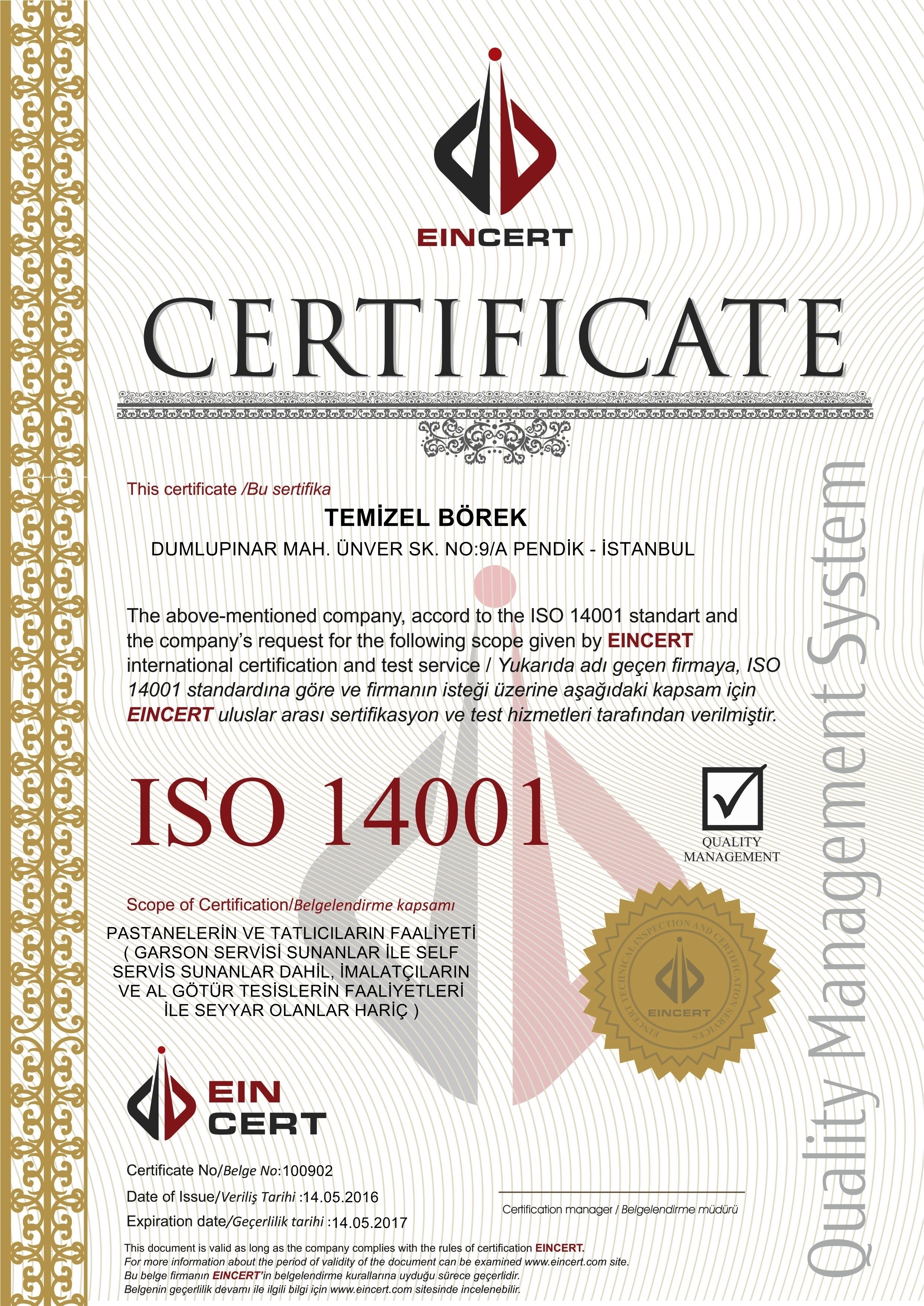 Temizel Börek ISO 14001 Belgesi.