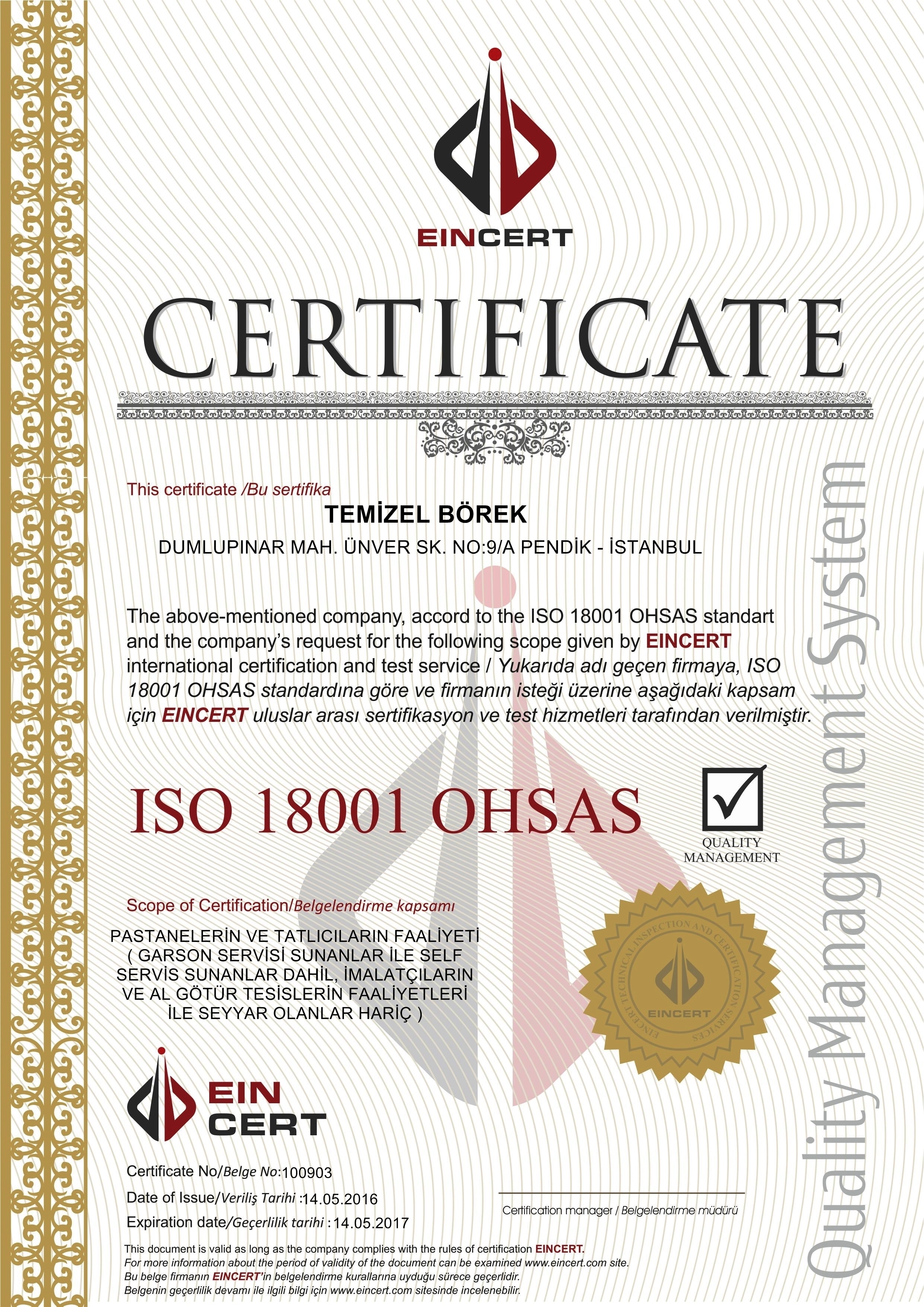 Temizel Börek ISO 18001 OHSAS Belgesi.
