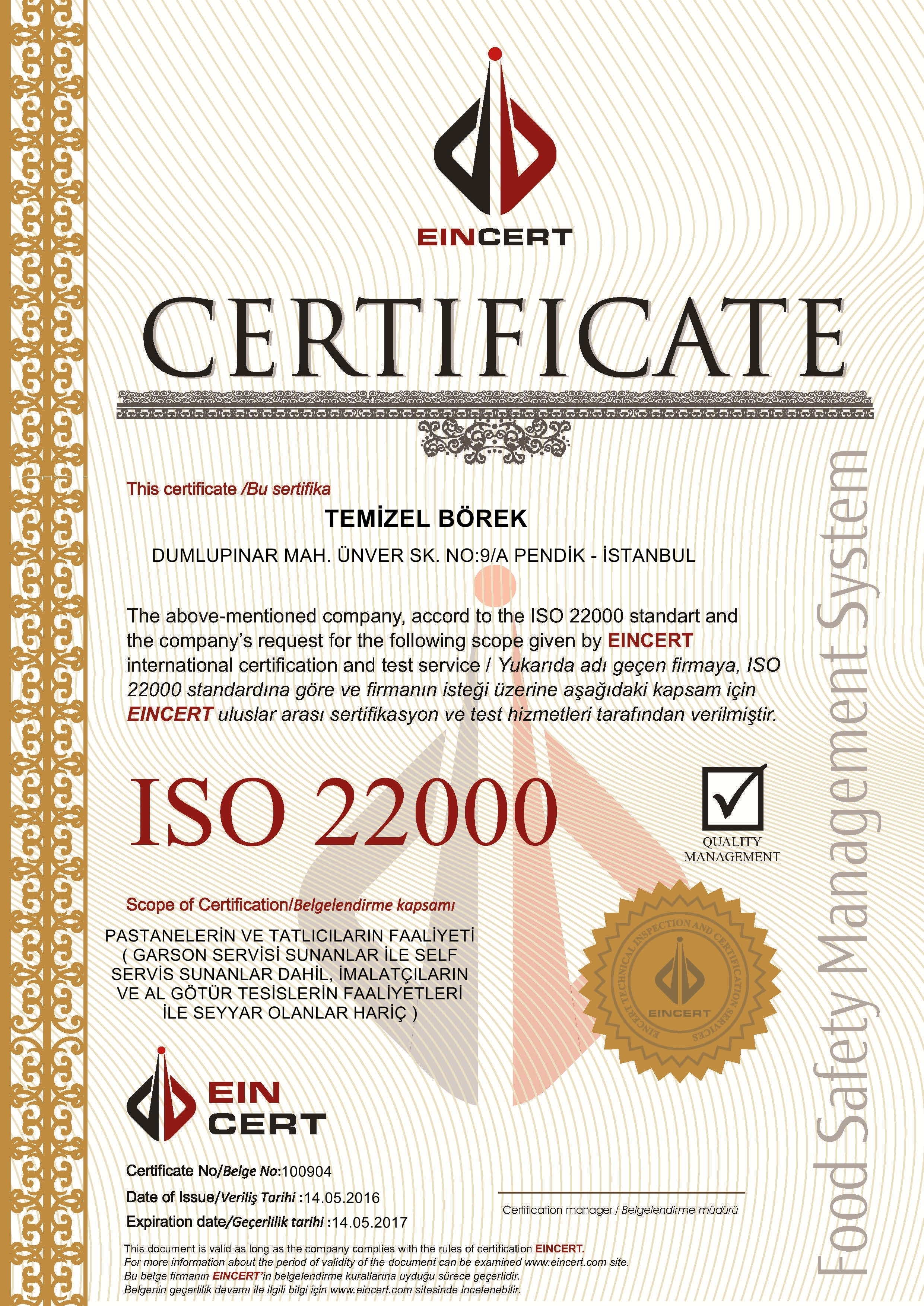 Temizel Börek ISO 22000 Belgesi.