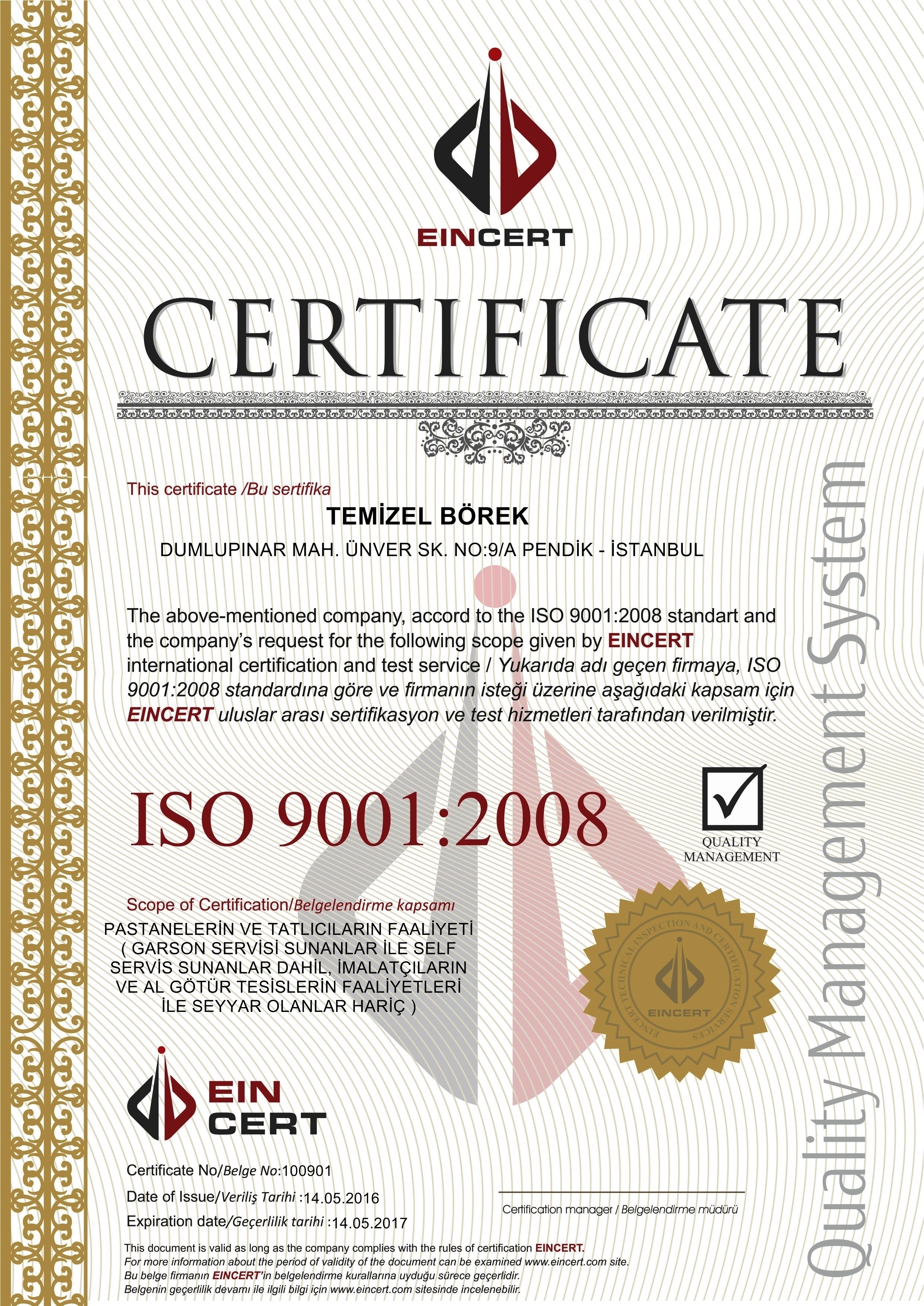 Temizel Börek ISO 9001:2008 Belgesi.
